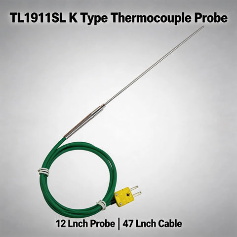 TL1911SL K-type thermocouple probe with 12-inch stainless steel tip and 47-inch green silicone cable with yellow plug, front view