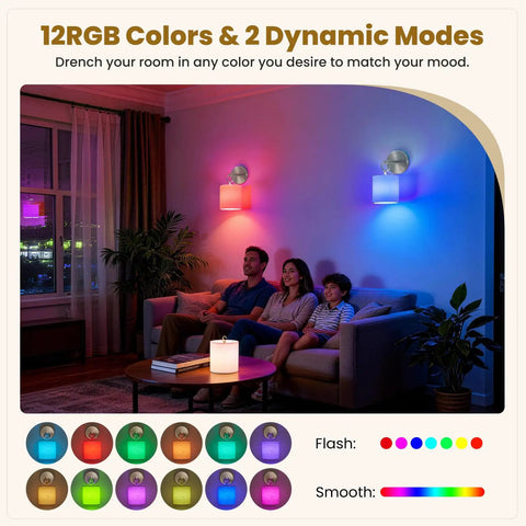 Peel and Stick Sconces Set of 2 Brushed Nickel, Detachable Battery Operated Wall Sconce With 10000mah Rechargeable Bulbs, 12 RGB colors in use.