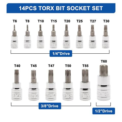 14 Piece Torx Bit Socket Set With One Quarter Inch Drive Three Eighths Inch Drive And One Half Inch Drive S2 Alloy Steel