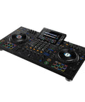 Four Deck All In One DJ System With A 10.1 Inch Touchscreen, visible performance pads, and controls for seamless playback.