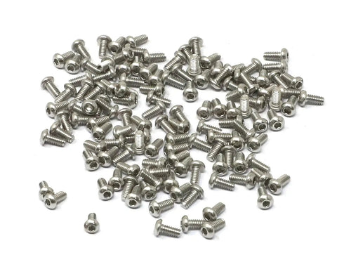 Heavy Duty Stainless Steel Hex Socket Button Head Cap Screws M2 X 4mm Featuring Hella Polished Finish And Included Hex Wrench scattered on white background.