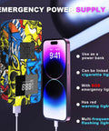 Colorful emergency power supply with LCD display, connected to smartphone via USB cable, showcasing features and time display at 9:41.
