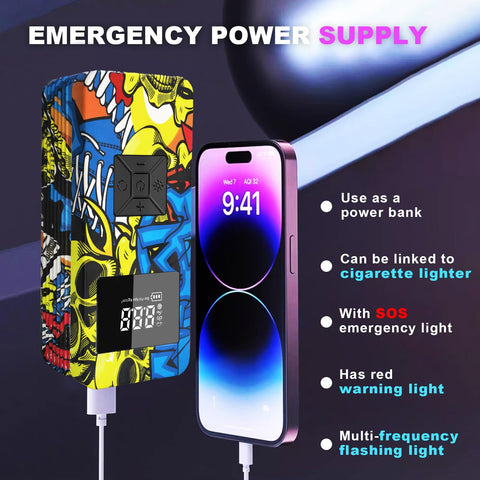 Colorful emergency power supply with LCD display, connected to smartphone via USB cable, showcasing features and time display at 9:41.
