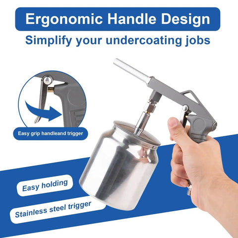 No Nonsense Undercoating Spray Gun Kit With 25 Oz Suction Feed Cup And Stainless Steel Body for easy grip handle and trigger design.