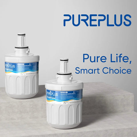 Replacement Refrigerator Water Filter For DA29-00003G B F A Series And Compatible Models 3 Pack displayed on a block surface.