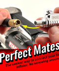 Quick Connect Tire Valve Chuck With RatchetSeal Technology showing instant push-to-connect feature with inflator