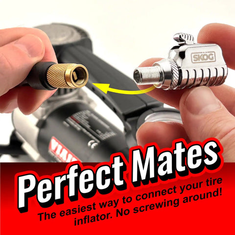 Quick Connect Tire Valve Chuck With RatchetSeal Technology showing instant push-to-connect feature with inflator