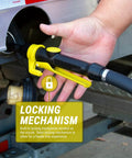 Trouble Free Trucker Tested 12 Volt Electric Fuel Drum Pump with quick squeeze flow control nozzle showing locking mechanism.