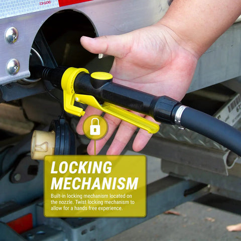 Trouble Free Trucker Tested 12 Volt Electric Fuel Drum Pump with quick squeeze flow control nozzle showing locking mechanism.