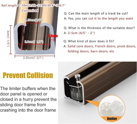 Beefed Up Long Box Rail Sliding Door Hardware Kit With Heavy Duty Aluminum Track cross-section showing dimensions and limiter