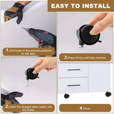 Installation steps for Four Pack 1.5 Inch Swivel Caster Wheels With Locking Brakes And 6.25 Millimeter Straight Stem.