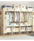 Foldable Clothes Rack With Storage Shelves Canvas Cover Portable Wardrobe Closet showcasing clothes and storage bins.
