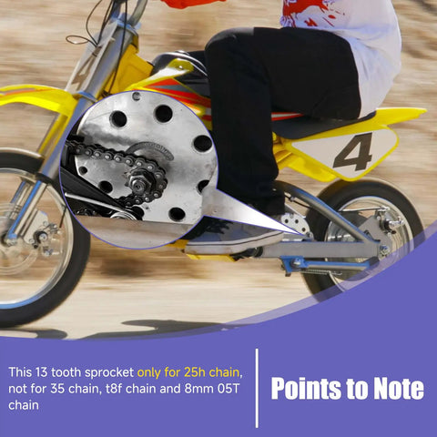 Rider on yellow dirt bike with close-up of 25h Chain Sprocket Kit with 132 Link Chain and 13 Tooth Motor Sprocket and 25h Chain Tensioner.
