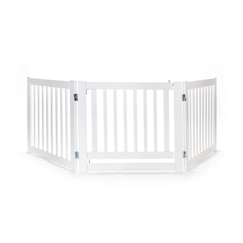 360 Hinges Freestanding Dog Gate With Walk Through Door For Home Use Up To 76 Inches Wide, Two Way Swing, White Wood Gate