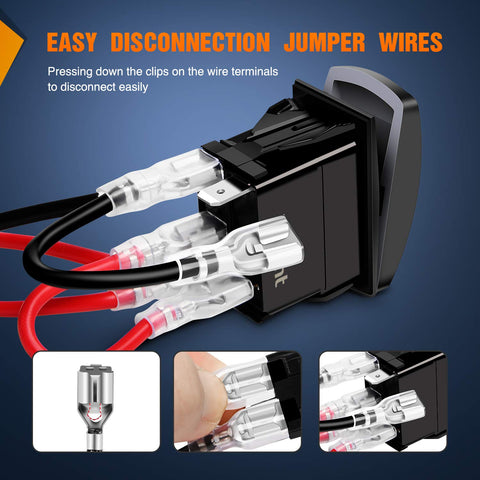 Lit Blue LED Light Bar Rocker Switch With 5 Pin SPST On Off Toggle, 20A At 12V, 10A At 24V with jumper wires connected