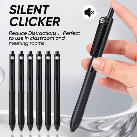 Hand holding one of the 12 Pack Gel Pens 0.7mm Medium Point Black Ink with 6 Extra Refills, showcasing silent click feature.