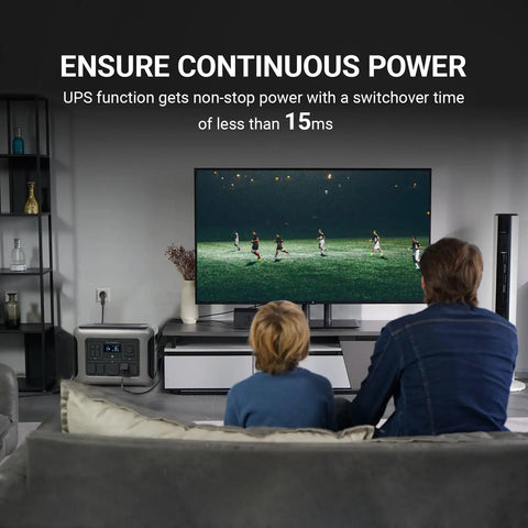 Family watching TV with R2500 Solar Generator With LiFePO4 Battery 2016Wh Portable Power Station UPS under 15ms ensuring power
