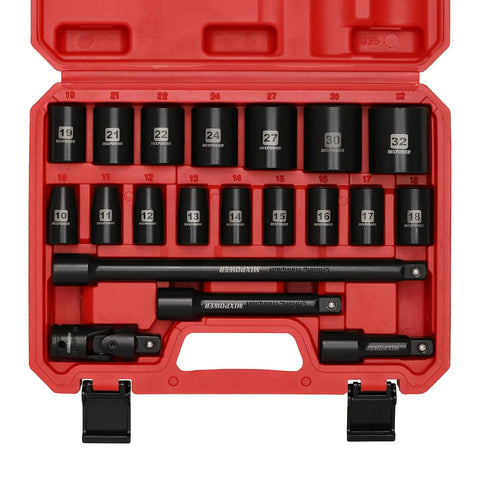 Heavy Duty Metric Shallow Impact Socket Set 10mm To 32mm Six Point Design With Extension Bar in storage case
