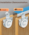 Installation demonstration of Sliding Closet Door Rollers Hardware Kit with Adjustable Mounting Hooks and Screws, showing two mounting points.