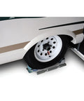 Single Axle Tire Chock With Locking Mechanism For Trailers Adjustable From 10 In Retracted To 23 In Extended Extends 6.5 In.