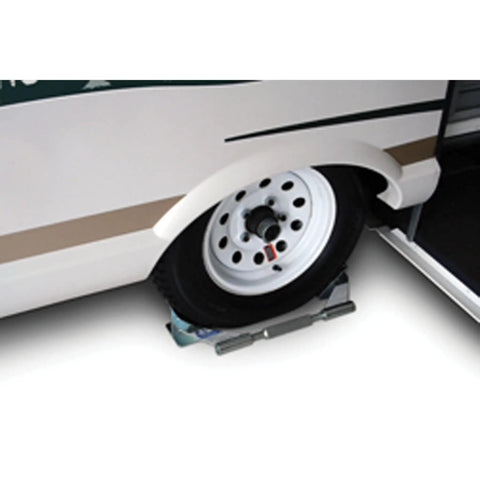 Single Axle Tire Chock With Locking Mechanism For Trailers Adjustable From 10 In Retracted To 23 In Extended Extends 6.5 In.