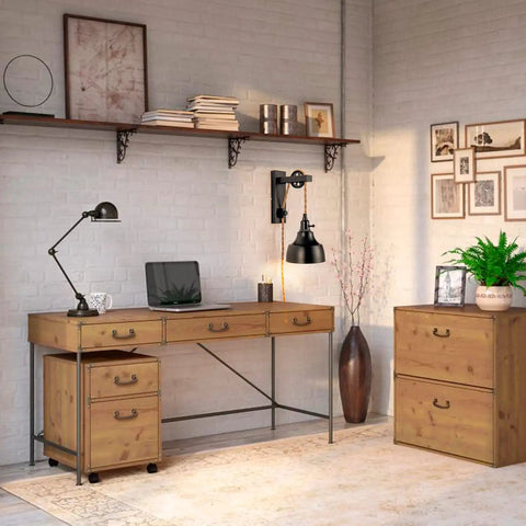 Desk area with Two Pack Dimmable Pulley Wall Sconces In Vintage Black Finish Plug In Lighting on a white brick wall