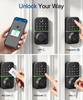 Hassle Free Smart Keyless Deadbolt With Touch Screen Fingerprint Reader And Mobile App Access showing various unlocking methods on front door.