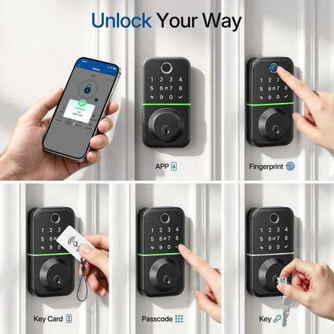 Hassle Free Smart Keyless Deadbolt With Touch Screen Fingerprint Reader And Mobile App Access showing various unlocking methods on front door.
