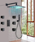 Wall Mounted Led Rain Shower Head System With Thermostatic Mixer Valve And Six Massage Body Sprays Plus Handheld Combo, modern design.