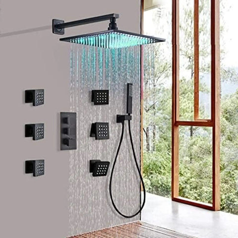 Kick Back And Soak With This Slick Wall Mounted Led Rain Shower Head And Thermostatic Mixer Valve Plus Six Massage Body Sprays And Handheld Combo Set featuring a sleek black LED rain shower head and six body sprays.