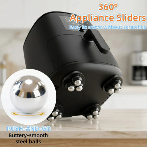 Close-up of 8 Pack Low Profile Adhesive Casters delivering smooth cruising action for kitchen appliances in matte black.