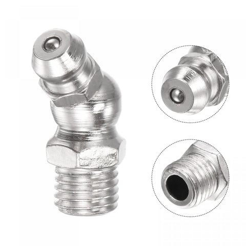 Nickel-Plated Iron 45-Degree Grease Fitting M8x1mm Thread Hydraulic Fittings Accessories 10 Pack Pro-Grade displayed