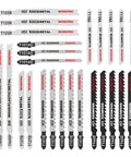 Pro Grade 25 Piece T Shank Jigsaw Blades With Heavy Duty Storage Case sawing through wood plastic and metal, HCS HSS BIM steel construction.