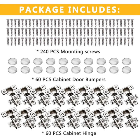 Package includes 60 Soft Close Cabinet Door Hinges For One Half Inch Overlay 105 Degree Opening Stainless Concealed Kitchen Cabinet Hinges with screws.
