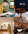 Collage depicting four scenes: a person working at a desk in an office, a family watching TV, a cozy bedroom, and a stylish entertainment venue.