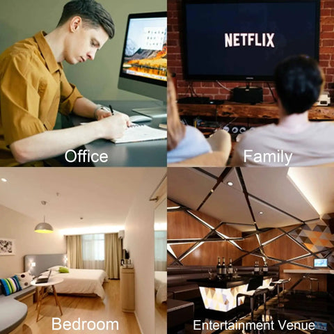 Collage depicting four scenes: a person working at a desk in an office, a family watching TV, a cozy bedroom, and a stylish entertainment venue.