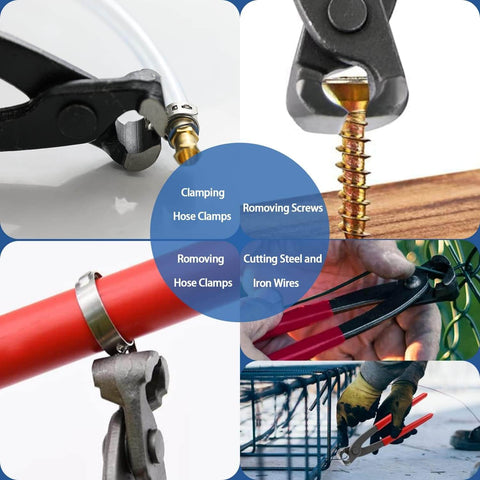 10 Inch Ear Clamp Pliers With Chrome Vanadium Steel Crimper Tool Nail Remover Pincer Crimper Tool For Pipe Hose Clamps Pro Grade Ergonomic Lever showcasing various uses including hose clamping and screw removing close-ups.