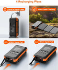 Massive 49800mAh Solar Power Bank with four built-in cables and foldable panels, PD 22W USB-C input/output, showcased in four recharging setups