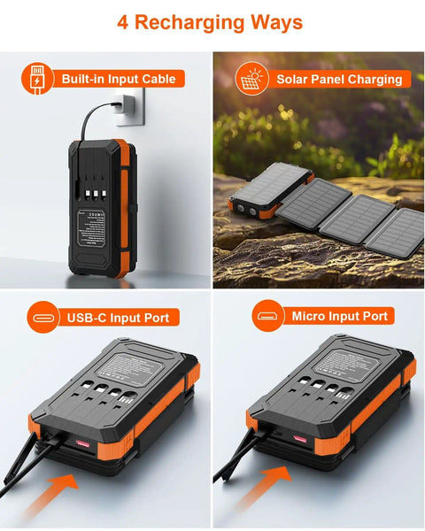 Massive 49800mAh Solar Power Bank with four built-in cables and foldable panels, PD 22W USB-C input/output, showcased in four recharging setups