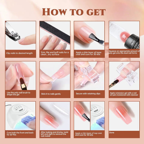 All In One Poly Gel Nail Extension Kit With Drill And 48W UV LED Lamp For At Home Spa Use, 14 Color Poly Gel application steps