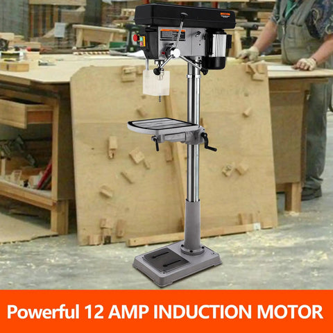 Beefy 17 Inch Floor Drill Press With Swing Away Safety Guard 12 Amp 120V Pure Copper Motor in workshop setting