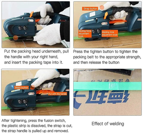 Using Heavy Duty Cordless Strapping Machine With Rechargeable Battery Powered Hot Melting Tensioner for tape application.