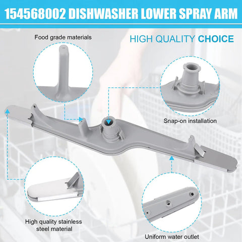 Lower Spray Arm Replacement For Dishwashers Fits 154568002 1545680 5304517203 gray spray arm with installation detail and features