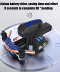 Qiokoith Electric Tube Bender With Lithium Battery For Soft Copper And Aluminum Pipes 1/4 To 7/8 Inch 90 Degree quick bending tool showing battery-powered device and copper pipes.