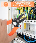 Multifunctional Wire Stripper Tool For Automotive Wires And Cables, Handy To Use With Durable Chromium Vanadium Alloy Steel And PVC, Locks In Place For Precise Radial Cutting, Built Tough DIY Wiring And Auto Repair Tool, held at an electrical panel