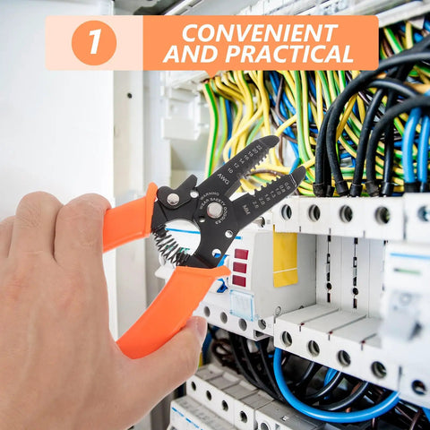Multifunctional Wire Stripper Tool For Automotive Wires And Cables, Handy To Use With Durable Chromium Vanadium Alloy Steel And PVC, Locks In Place For Precise Radial Cutting, Built Tough DIY Wiring And Auto Repair Tool, held at an electrical panel