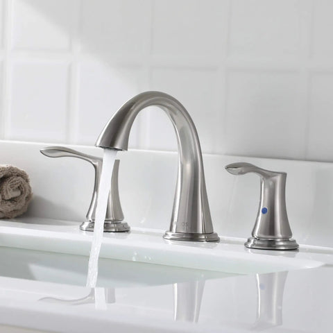 Widespread Two Handle Bathroom Faucet With Pop Up Drain And cUPC Supply Lines In Brushed Nickel Fits 8 To 16 Inch Center Distance Demeter 13647