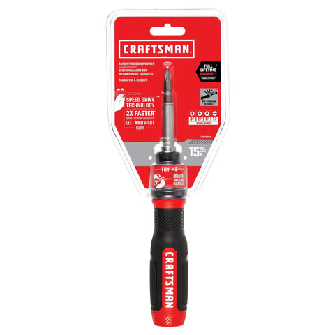Front view of SpeedDrive Ratcheting Screwdriver That Drives Screws 2X Faster With In Handle Bit Storage For Up To 6 Bits, CMHT68129 By Craftsman.