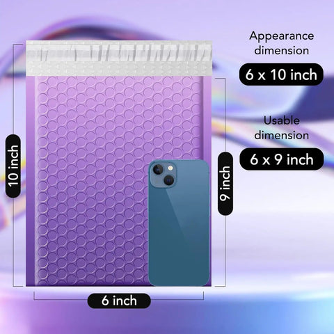 Gradient Purple 6x10 Inch Opaque Bubble Mailers 100 Pack Usable 6x9 Inner Size Thick Bubble Padding next to smartphone for size comparison