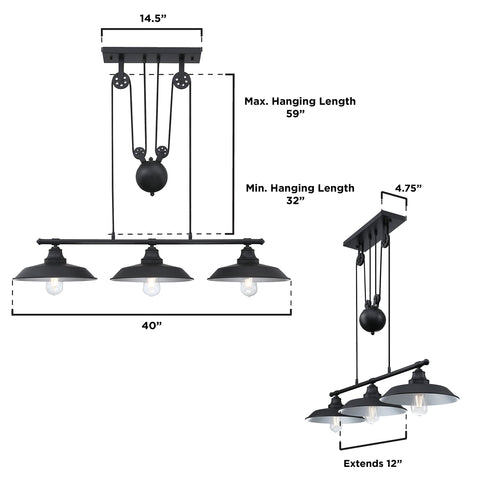 Iron Hill Vintage Style Three Light Indoor Pulley Pendant In Matte Black Finish With Silver Shade Interiors dimensions diagram